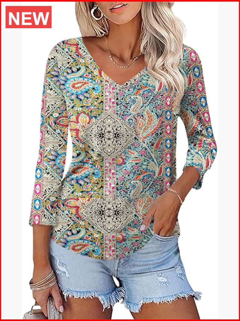 Polyester Blend V-Neck 3/4 Sleeve T-Shirt With Curved Hem